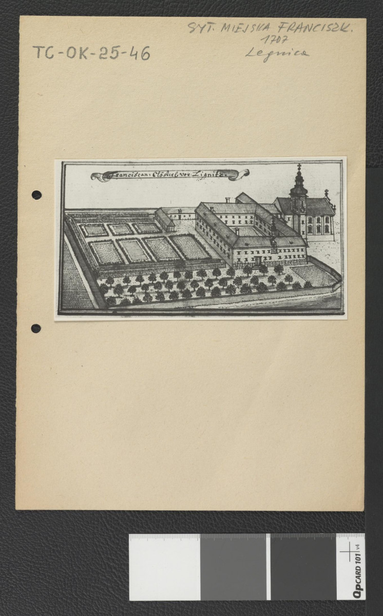 reprodukcja ryciny pochodzącej z Wernher Friedrich Bernhard, Topografia Śląska, 1744-1768 przedstawia widok z lotu ptaka na miejscowy klasztor                                                , skan 1