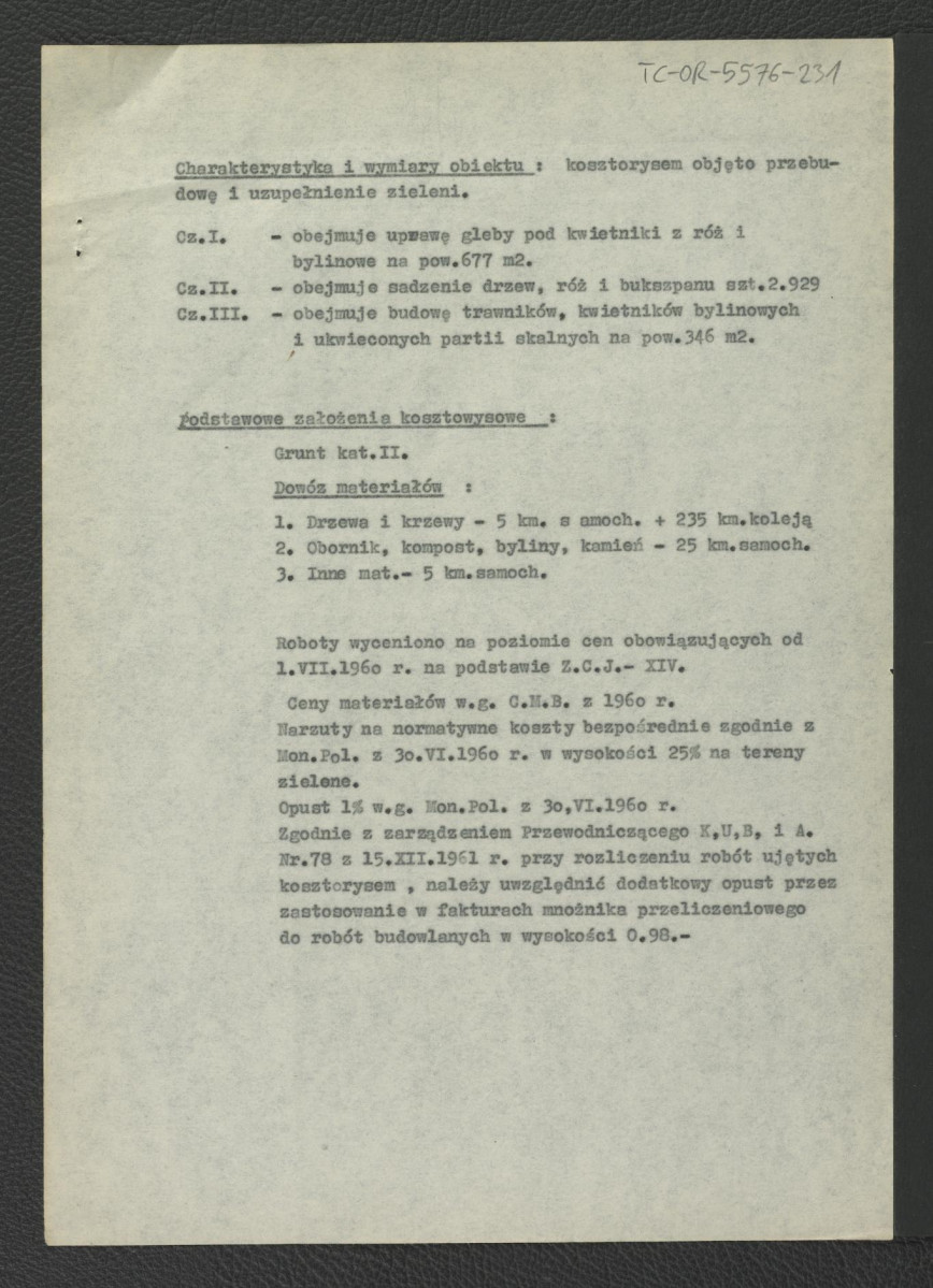 kosztorys zieleni: Warszawa-Wilanów (taras południowy) autorstwa inż. Michońskiej z 16 marca 1962 r.; kart dziesięć, skan 2