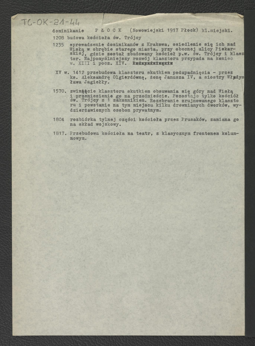 wypis z Nowowiejski Antoni Julian, Płock. Monografia historyczna, Płock 1917 zawierajacy chronologię miejscowego klasztoru począwszy od 1208 r. kiedy to rozpoczęto budowę kościoła św. Trójcy                                                                                 , skan 1