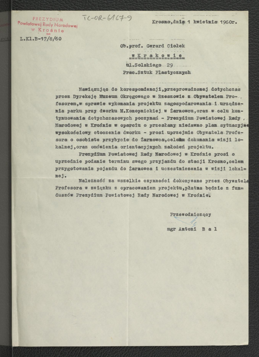 prośba z 1 kwietnia 1960 r. ze strony Muzeum w Rzeszowie do G. Ciołka o osobiste przybycie do Żarnowca , skan 1
