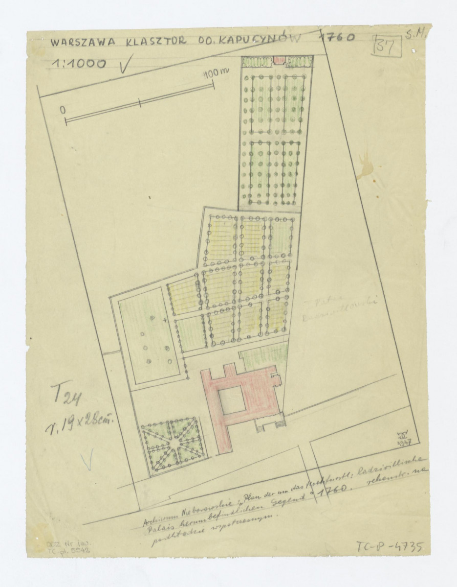 plan sytuacyjny ogrodu według "Plan der um das Hochfurstl: Radzivillische Palais herum befindlichen Gegland" 1760 rok, skan 1