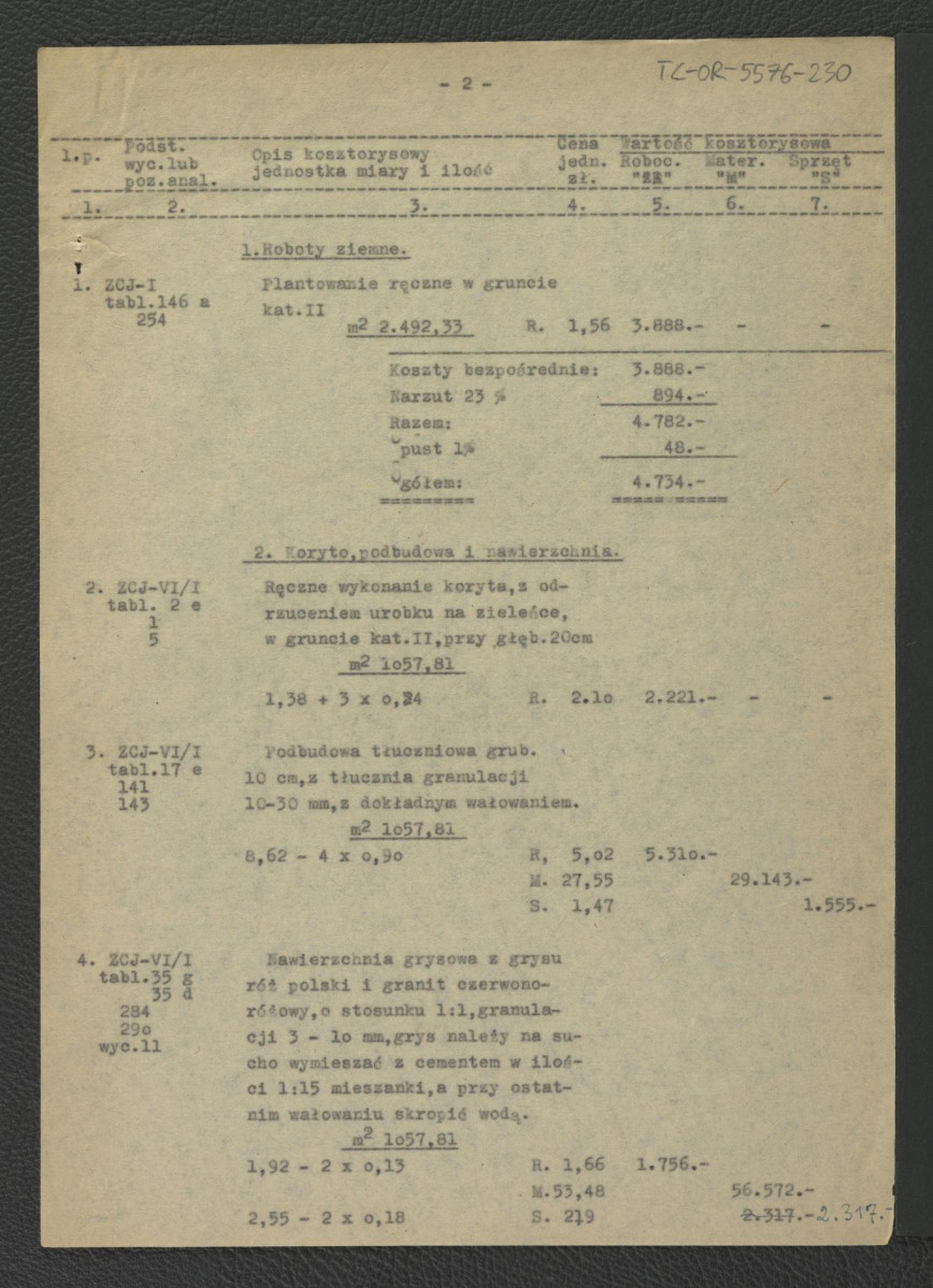 kosztorys do projektu techniczno-roboczego dróg i niwelacji; Wilanów – ogród pałacowy (taras południowy) autorstwa E. Dobrowolskiego z 20 marca 1962 r.; pięć kart, skan 2