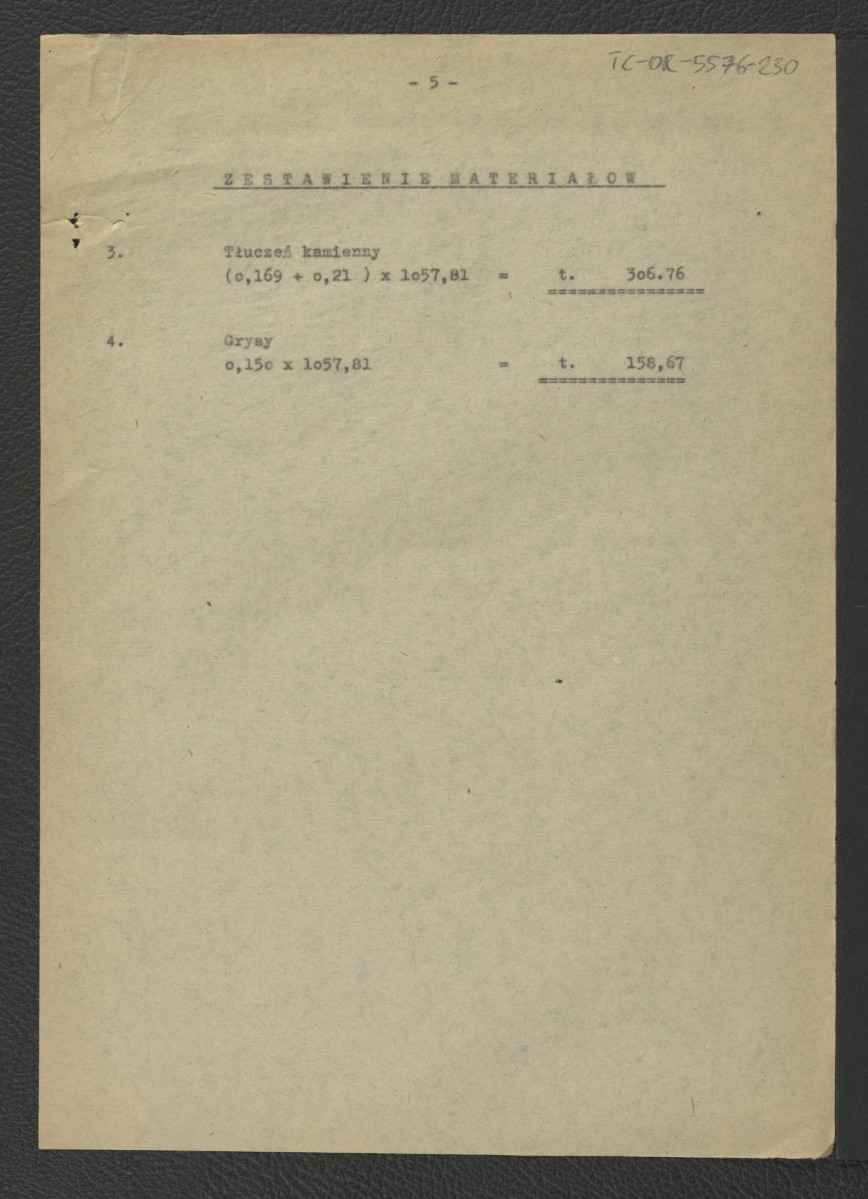 kosztorys do projektu techniczno-roboczego dróg i niwelacji; Wilanów – ogród pałacowy (taras południowy) autorstwa E. Dobrowolskiego z 20 marca 1962 r.; pięć kart, skan 5
