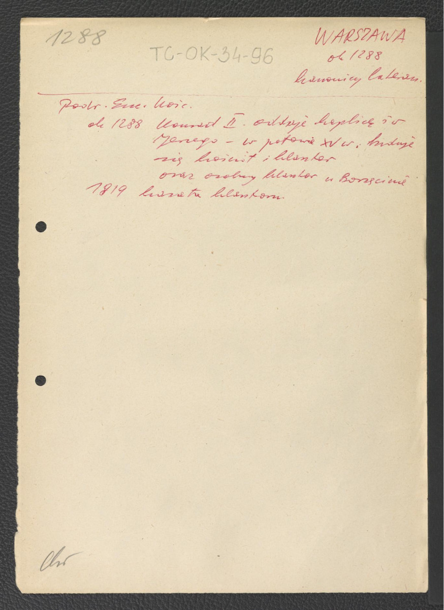 wypis z Podręczna Encyklopedia Kościelna, red. ks. Zygmunt Chełmicki, t. I-XLIV, Warszawa, 1904-1916 wzmiankujący zaistnienie ok. 1288 r. kaplicy św. Jerzego wzniesiony z inicjatywy księcia Konrada II oraz kasatę klasztoru w 1819 r., skan 1
