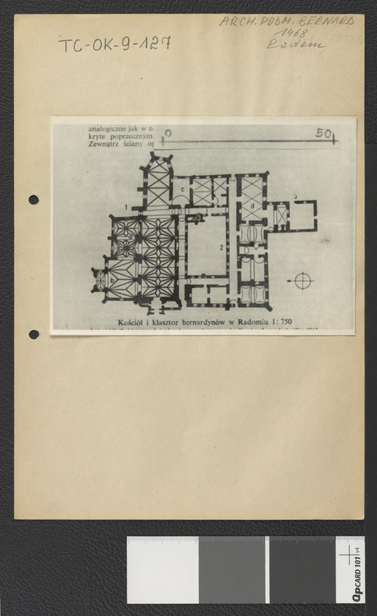 przedstawia rzut przyziemny miejscowego kościoła i klasztoru bernardynów (1 : 750), skan 1