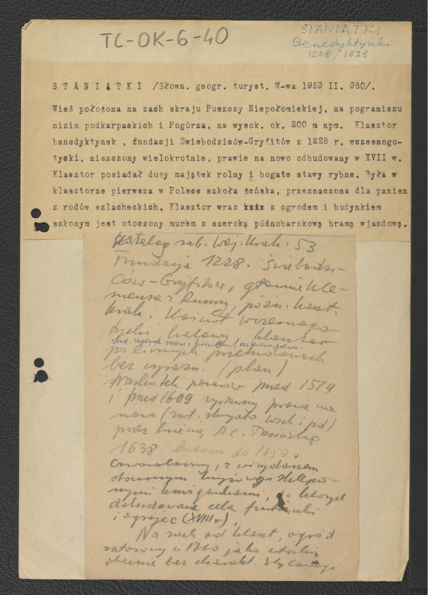 wypis z Katalog Zabytków Województwa Krakowskiego, strona 53 dotycząca fundacji miejscowego klasztoru przez Świebodziców-Gryfitów z 1228 roku oraz jego późniejszych dziejów; Gloger Zygmunt, Encyklopedia Staropolska, Warszawa 1902 wzmiankująca ufundowanie miejscowego klasztoru przez Klemensa z Ruszczy  tym razem w roku 1240, skan 1