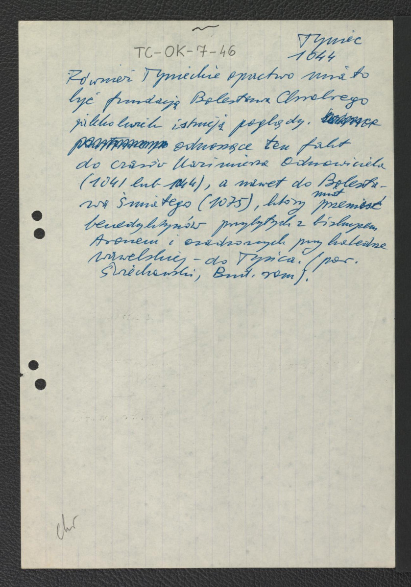 notatka dotycząca początków miejscowego klasztoru szacowanych na czasy Bolesława Chrobrego lub Kazimierza Odnowiciela , skan 1