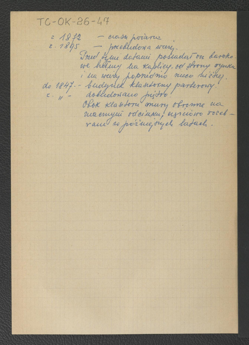 wypis z Studium Historyczno-Urbanistyczne do planu zagospodarowania przestrzennego miasta. Opracowanie kartograficzne ze zbiorów PKZ, 1954 (prawdopodobnie autorstwa M. Książka) zawierający chronologię miejscowego klasztoru począwszy od roku 1377 kiedy to miała miejsce fundacja Władysława Opolczyka, skan 2