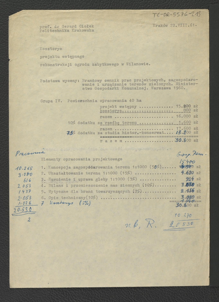 kosztorys na opracowanie materiałów wyjściowych z 22 sierpnia 1961 r. dla projektu wstępnego rekonstrukcji ogrodu zabytkowego w Wilanowie; trzy karty , skan 2