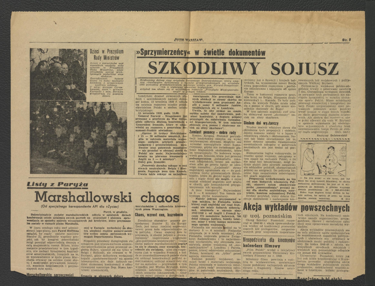 fragment karty z „Życia Warszawy” z 4 stycznia 1949 r. zawierający tekst pt. Wilanów w dawnej krasie stanie się rezerwatem piękna i zdrowia, skan 2