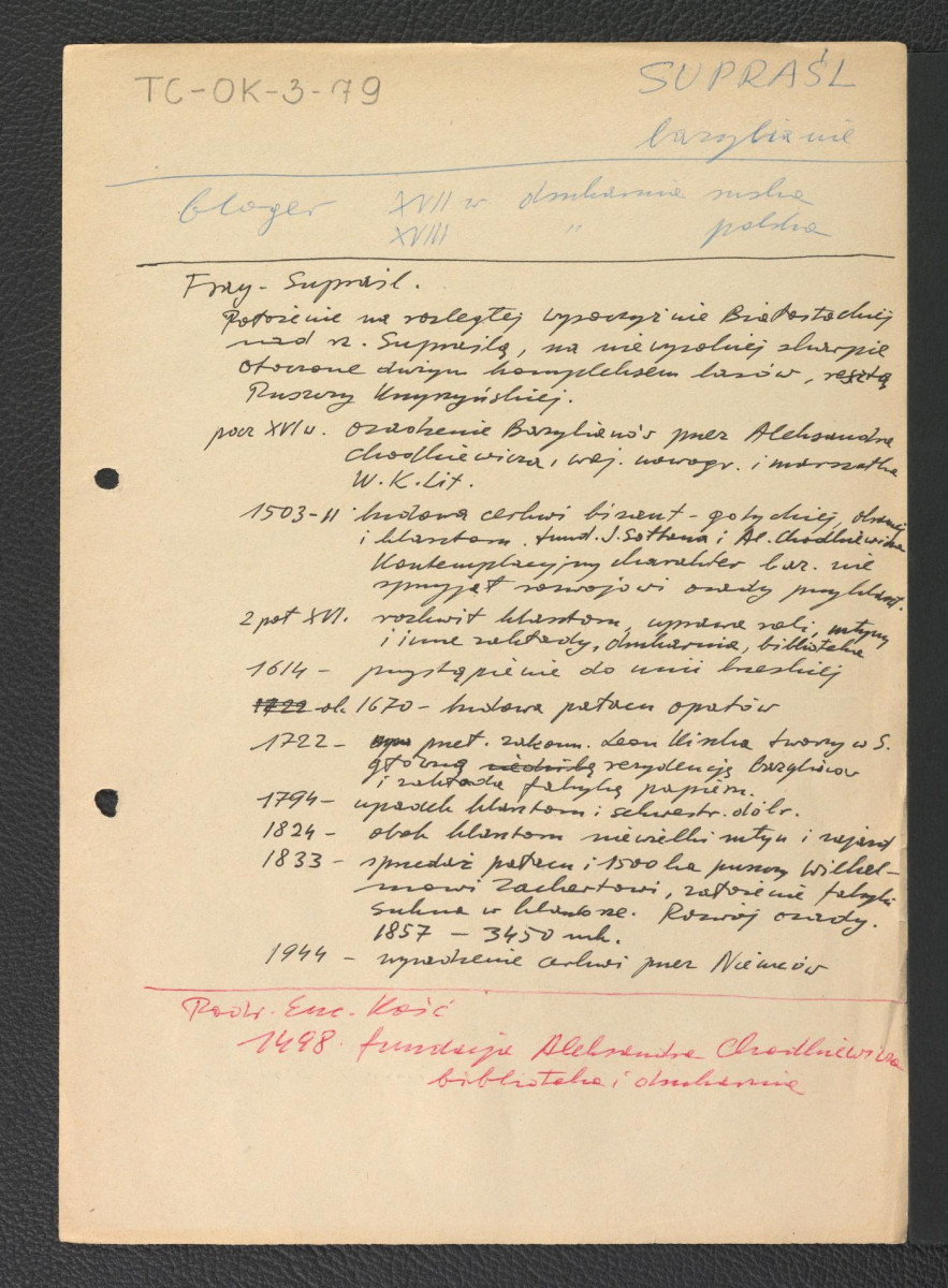 odsyłacz do Gloger Zygmunt, Encyklopedia Staropolska, Warszawa 1902 wzmiankujący drukarnię z XVII i XVIII wieku w wymienionej miejscowości; wypis z Fray dot. usytuowania klasztoru oraz ważniejszych epizodów w jego dziejach; odsyłacz do Podręczna Encyklopedia Kościelna, red. ks. Zygmunt Chełmicki, tom I-XLIV, Warszawa, 1904-1916 wzmiankujący ufundowanie miejscowego monastyru w 1498 roku przez Aleksandra Chodkiewicza , skan 1
