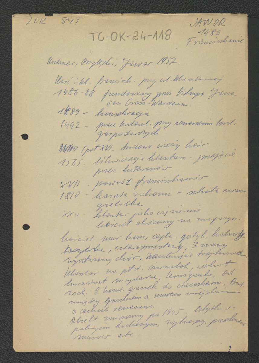 wypis z Kutzner Mirosław, Przyłęcki Marian, Jawor, 1957 zawierający chronologię oraz charakterystykę architektoniczną miejscowego kościoła i klasztoru , skan 1