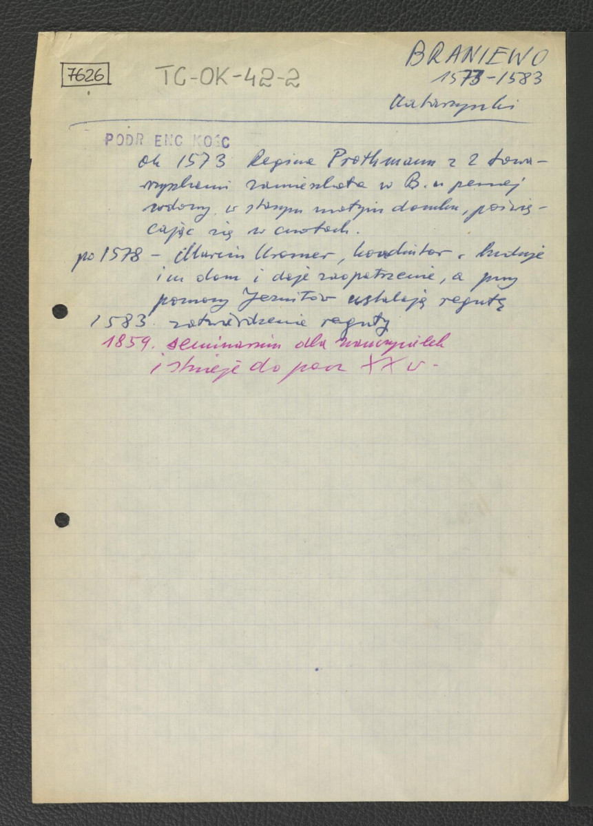 wypis z Podręczna Encyklopedia Kościelna, red. ks. Zygmunt Chełmicki, t. I-XLIV, Warszawa, 1904-1916 wzmiankujący ważniejsze daty w dziejach miejscowego zgromadzenia począwszy od 1573 r., skan 1