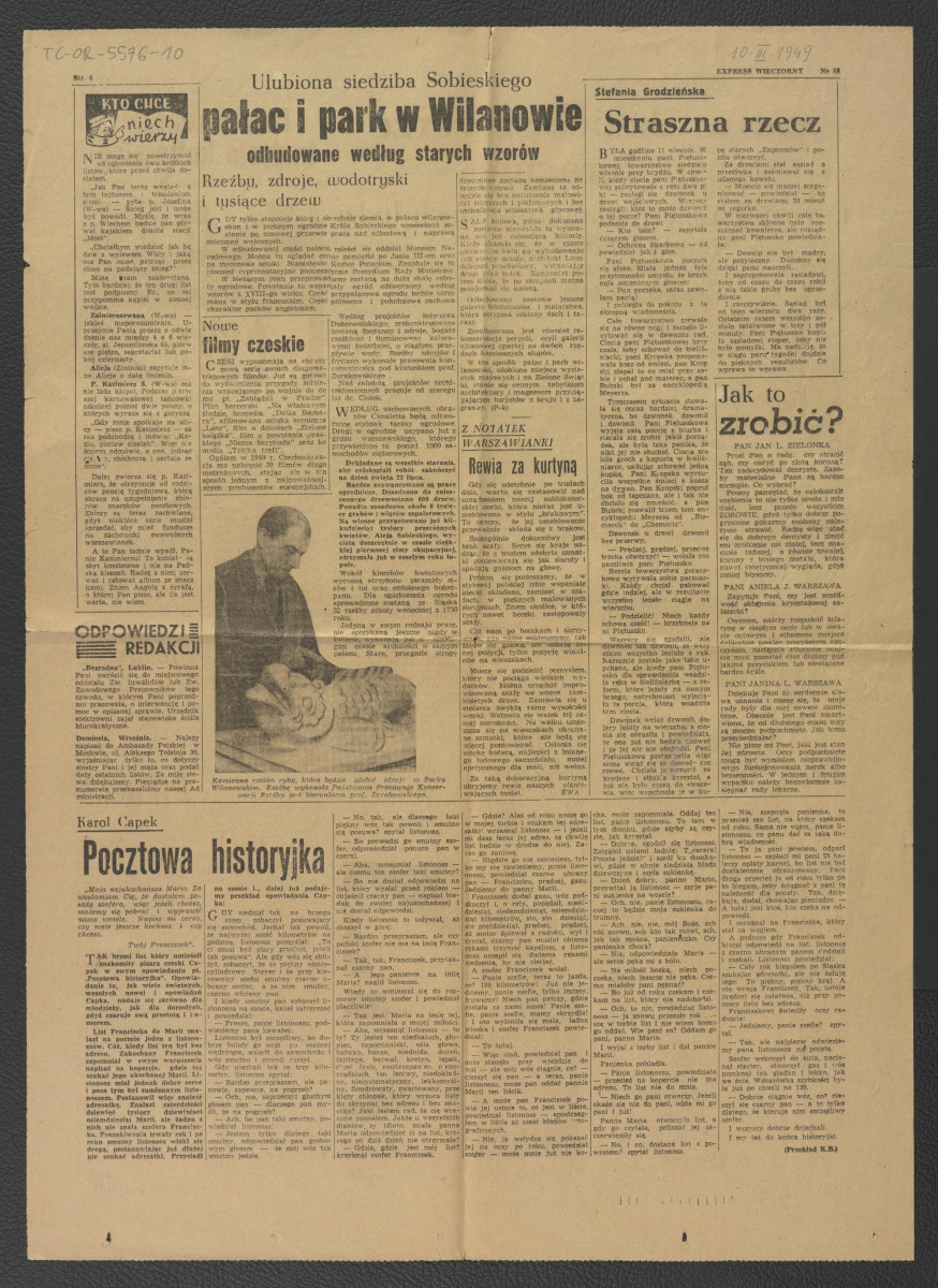 karta z „Expressu Ilustrowanego” z 10 marca 1949 r. zawierająca tekst pt. Ulubiona siedziba Sobieskiego. Pałac i park w Wilanowie odbudowane według starych wzorów , skan 1