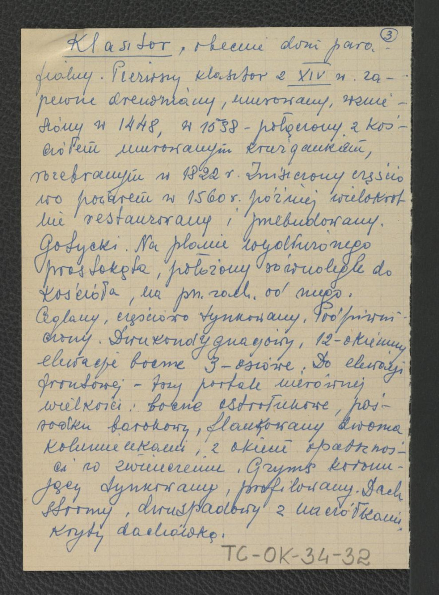 wypis z opracowania PKZ (Poznań 1959, nr 1128/I, s.77) autorstwa Ewy Smulikowskiej-Rawińskiej dotyczący miejscowego założenia klasztornego, skan 3