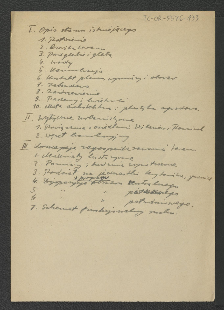 notatka wzmiankująca opis stanu istniejącego, wytyczne urbanistyczne, koncepcje zagospodarowania terenu, skan 1