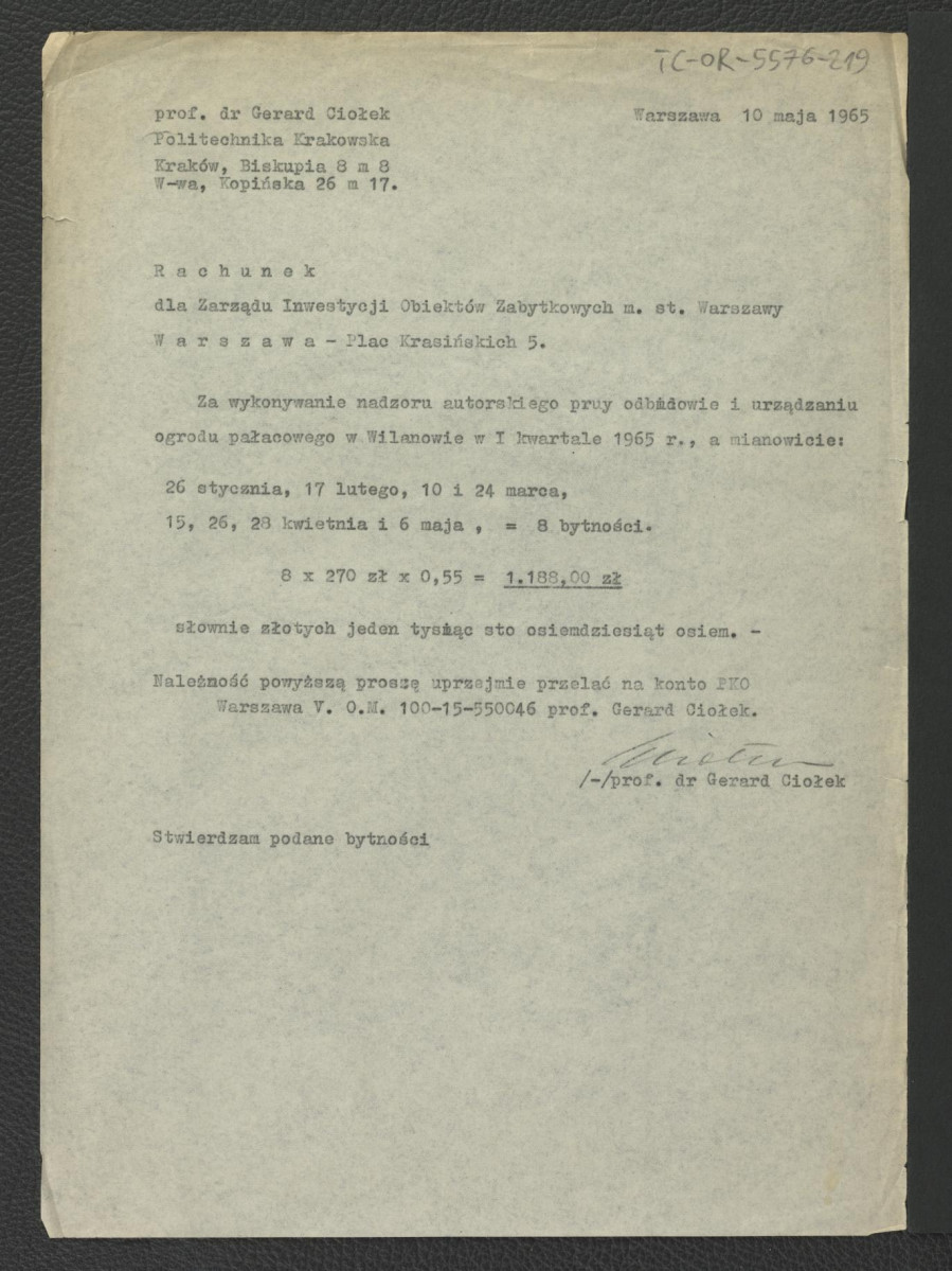 rachunek z 10 maja 1965 r. dla Zarządu Inwestycji Obiektów Zabytkowych m.st. Warszawy za wykonanie nadzoru autorskiego przy odbudowie i urządzaniu miejscowego ogrodu pałacowego , skan 1