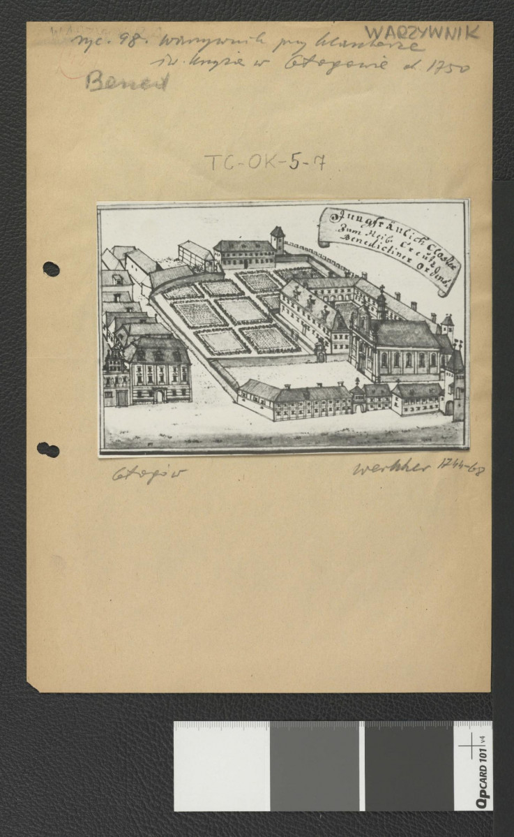 reprodukcja ryciny z Wernher Friedrich Bernard, Topografia Śląska, 1744-1768 przedstawia widok z lotu ptaka na miejscowe opactwo                                  , skan 1