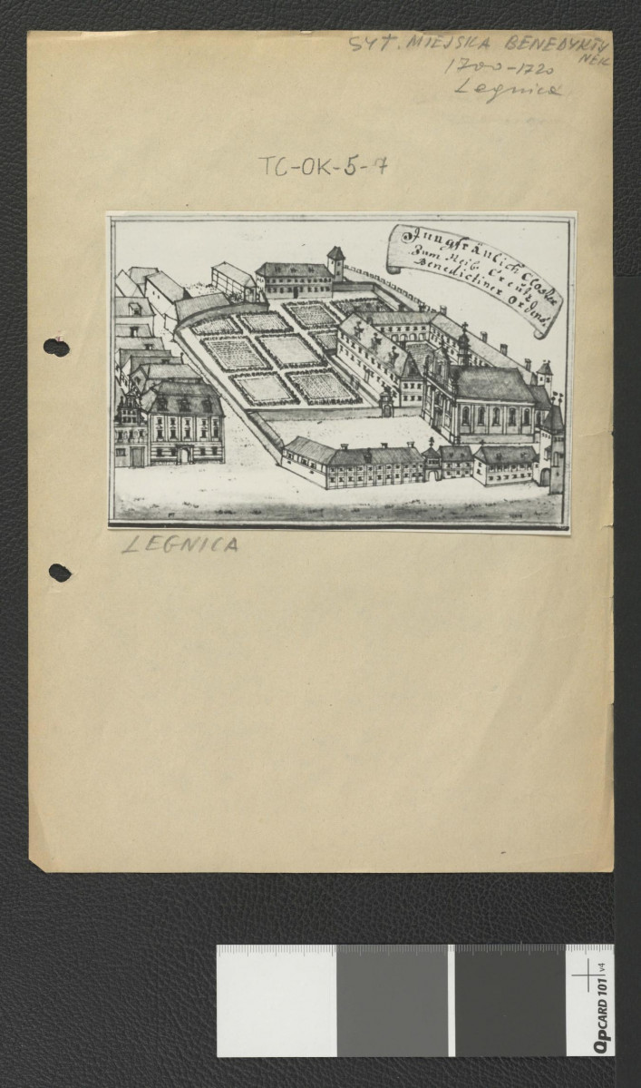reprodukcja ryciny z Wernher Friedrich Bernard, Topografia Śląska, 1744-1768 przedstawia widok z lotu ptaka na miejscowe opactwo                                  , skan 2