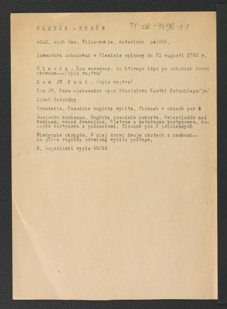 wypis z AGAD Archiwum Generalne Wilanowskie Anetrioa nr 233 dotyczący spisania zabudowań tej miejscowości 21 sierpnia 1893 r. , skan 2