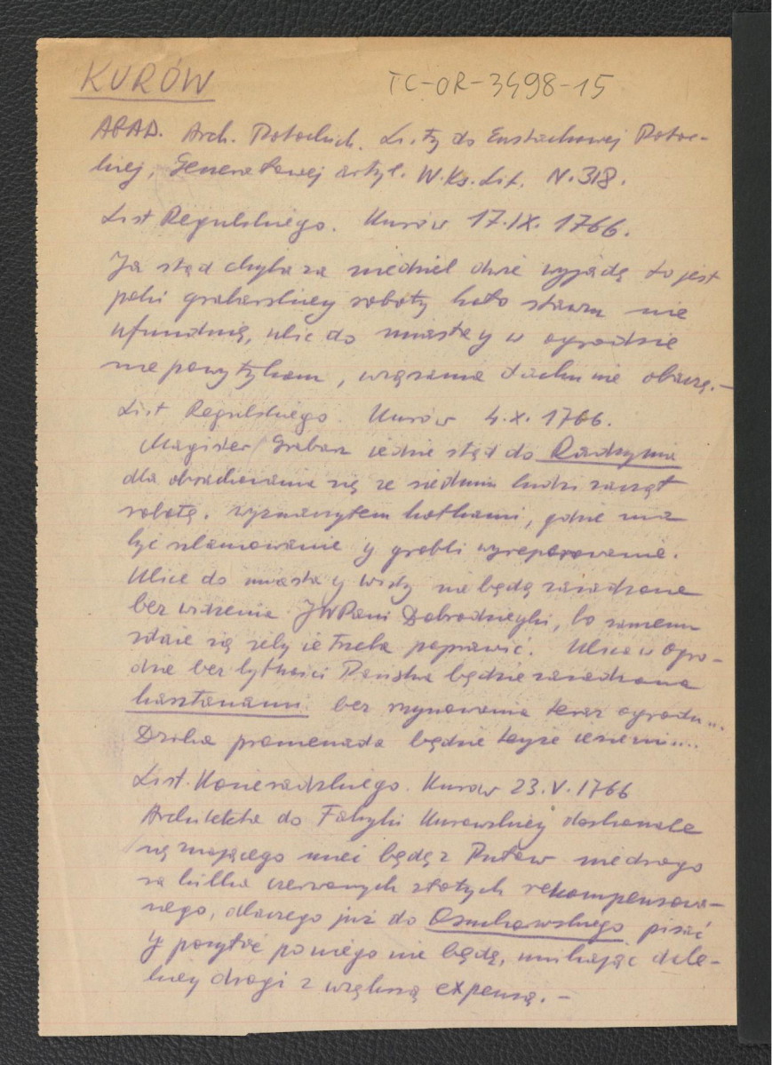 wypis z AGAD Archiwum Potockich, Listy do Eustachowej Potockiej, generałowej artylerii Wielkiego Księstwa Litewskiego nr 318 – List Reguslkiego z 17 września 1766 r. dotyczący prac budowlanych w Kurowie; List Konieradzkiego z 23 maja 1766 r. rekomendującego architekta do miejscowej fabryki; dwie karty , skan 2