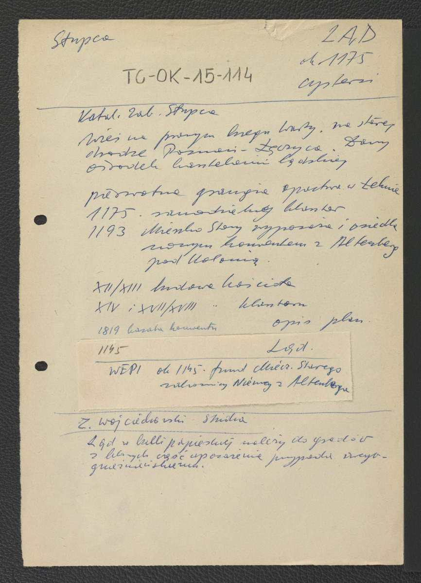 wypis z Katalog Zabytków – Słupca wzmiankujący wioskę na prawym brzegu Warty oraz ważniejsze wydarzenia w dziejach klasztoru; odsyłacz do Wielkiej Encyklopedii Powszwchnej Ilustrowanej wzmiankujący ufundowanie opactwa przez Mieszka Starego około roku 1145 oraz sprowadzenia zakonników z Altenburga; Wojciechowski Tadeusz, Szkice historyczne, Kraków 1952, skan 1