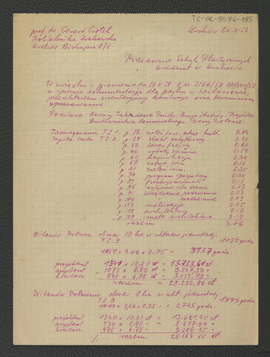 orientacyjny kosztorys w sprawie dokumentacji dla miejscowego parku z 20 października 1958 r. ze strony G. Ciołka; trzy karty , skan 1