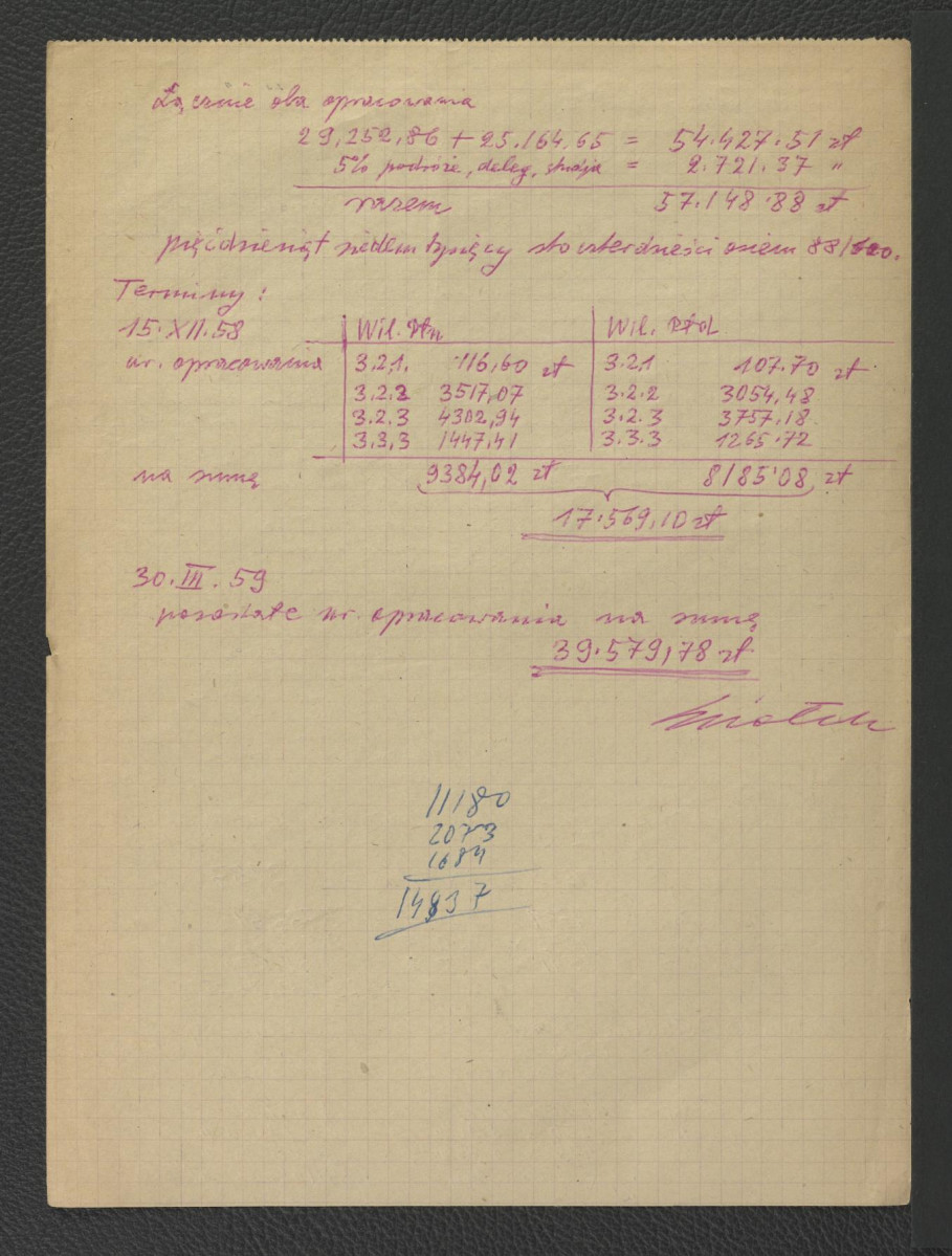 orientacyjny kosztorys w sprawie dokumentacji dla miejscowego parku z 20 października 1958 r. ze strony G. Ciołka; trzy karty , skan 2