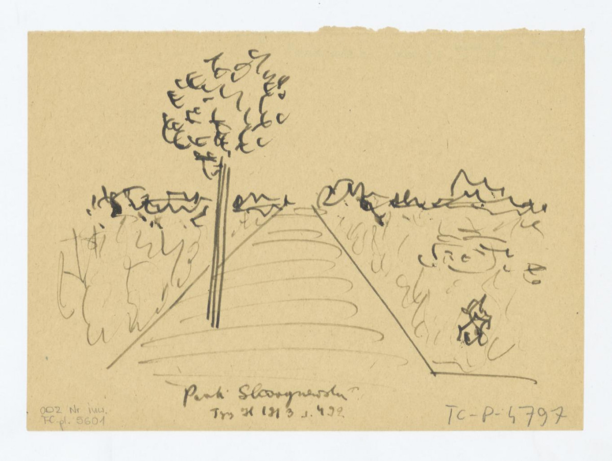 aleja parkowa, szkic. Przerys z Tygodnika Ilustrowanego 1913 s. 492. napis: Park Skaryszewski; Tygodnik Ilustrowany s. 492, skan 1