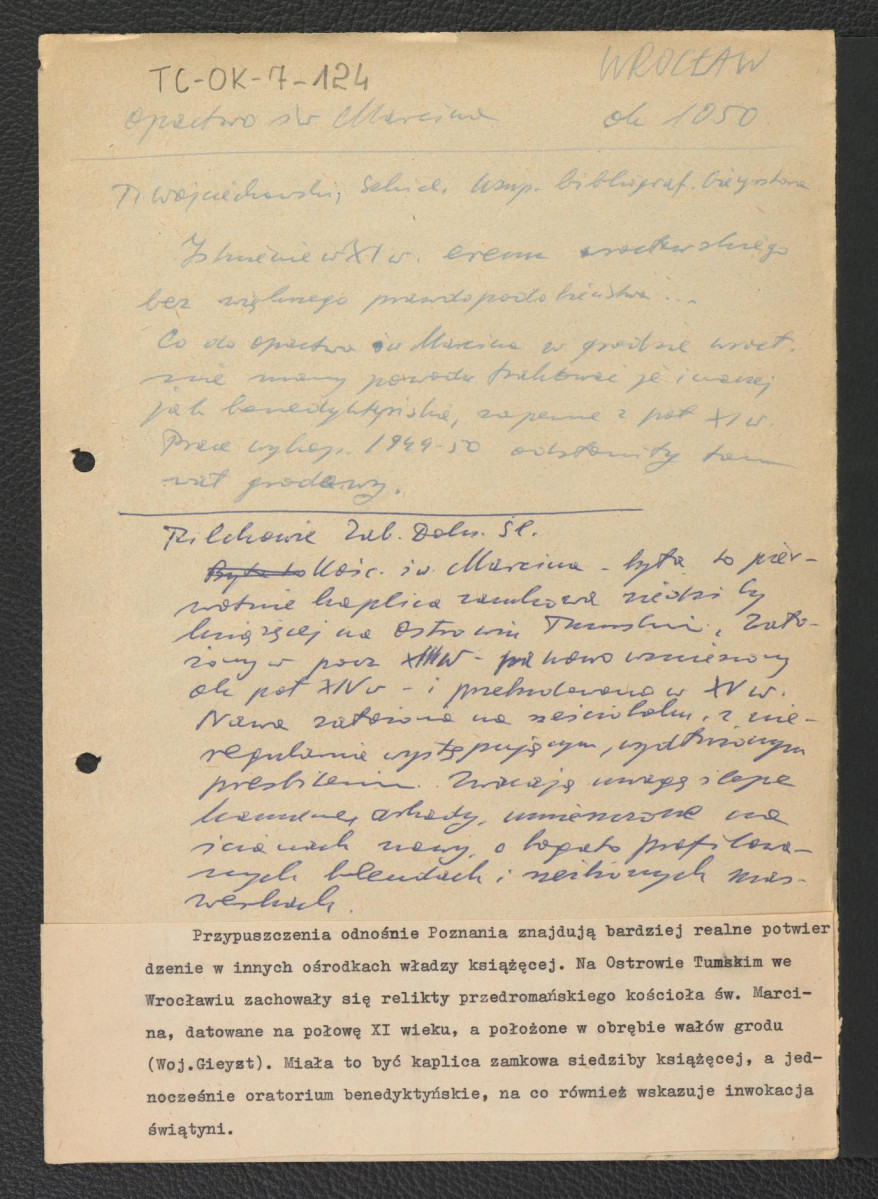 wypis z Wojciechowski Tadeusz, Szkice historyczne, Kraków 1952 wzmiankujący małe prawdopodobieństwo istnienia tamtejszego klasztoru w XI wieku oraz prace wykopaliskowe z lat 1949-1950 dzięki którym odsłonięto wał grodowy; Pilch J., Pilch K., Zabytki Dolnego Śląska, Wrocław 1962 dotyczący kościoła pod wezwaniem św. Marcina pełniącego pierwotnie rolę kaplicy , skan 1