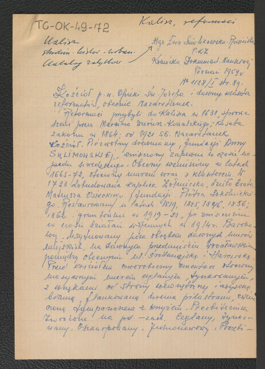 wypis ze Studium Historyczno-Urbanistycznego Ewy Smulikowskiej-Płowińskiej, PKZ, Poznań 1959, s. 89 zawierający charakterystykę miejscowego założenia klasztornego, skan 1