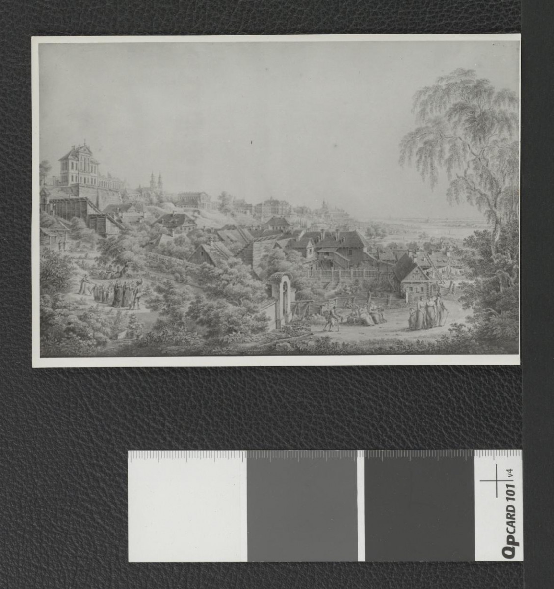 reprodukcka akwareli autorstwa Zygmunta Vogla przedstawiająca widok na fragment zabudowy powiślańskiej i klasztornego ogrodu     , skan 2