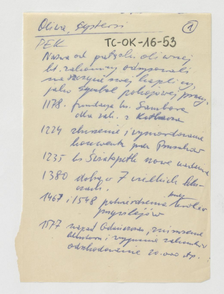 wypis z Podręczna Encyklopedia Kościelna, red. ks. Zygmunt Chełmicki, t. I-XLIV, Warszawa, 1904-1916 wzmiankująca genezę nazwy miejscowości, a także zawierająca ważniejsze epizody w dziejach miejscowego klasztoru począwszy od fundacji księcia Sambora z 1178 r., skan 1
