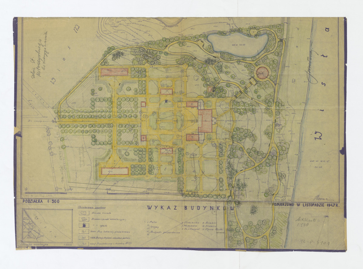 Młociny - projekt szkicowy ciągów alej, zieleni i rekonstrukcji zabudowań pałacu na planie inwentaryzacyjnym Józefa Kasperskiego z 1947 roku, skan 1