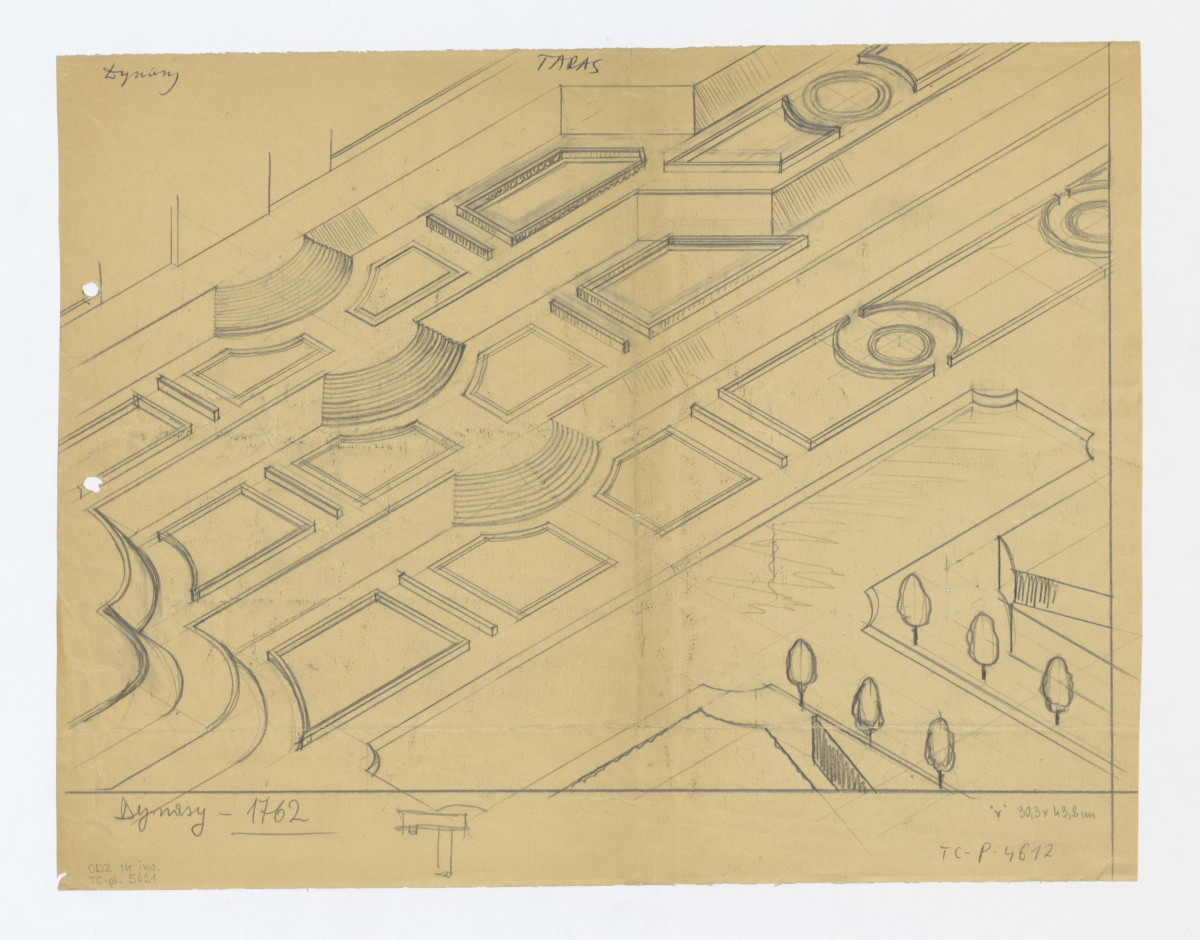taras ogrodu pałacowego - plan widok perspektywiczny z 1762 roku, skan 1