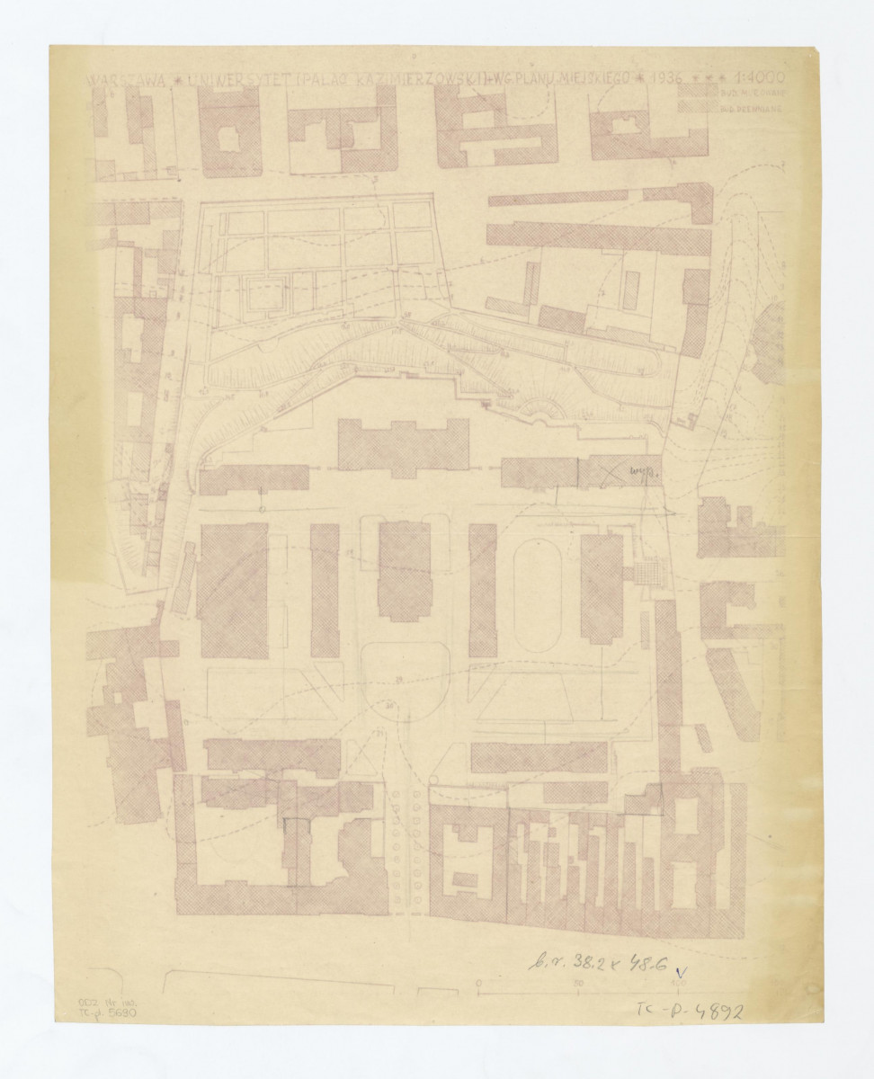 tereny ogrodu i dawnego pałacu Kazimierzowskiego według planu miejskiego z 1936 roku odrys i opracowanie Gerard Ciołka, skan 1
