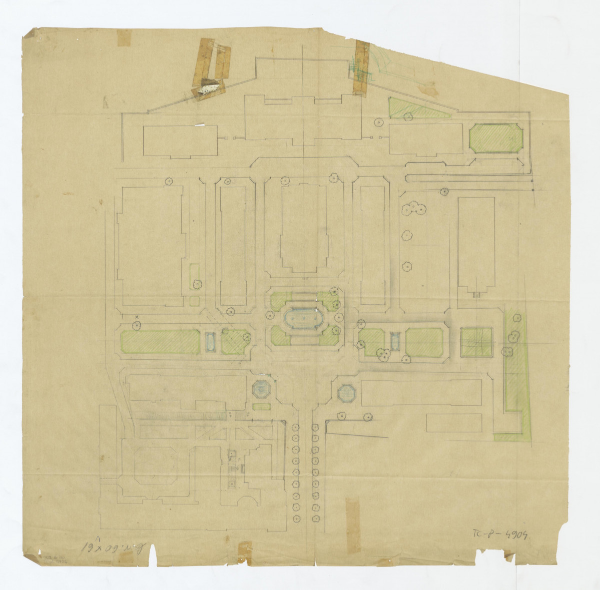 jedna z prób rozwiązania zieleni i dróg komunikacyjnych na górnym tarasie, skan 1