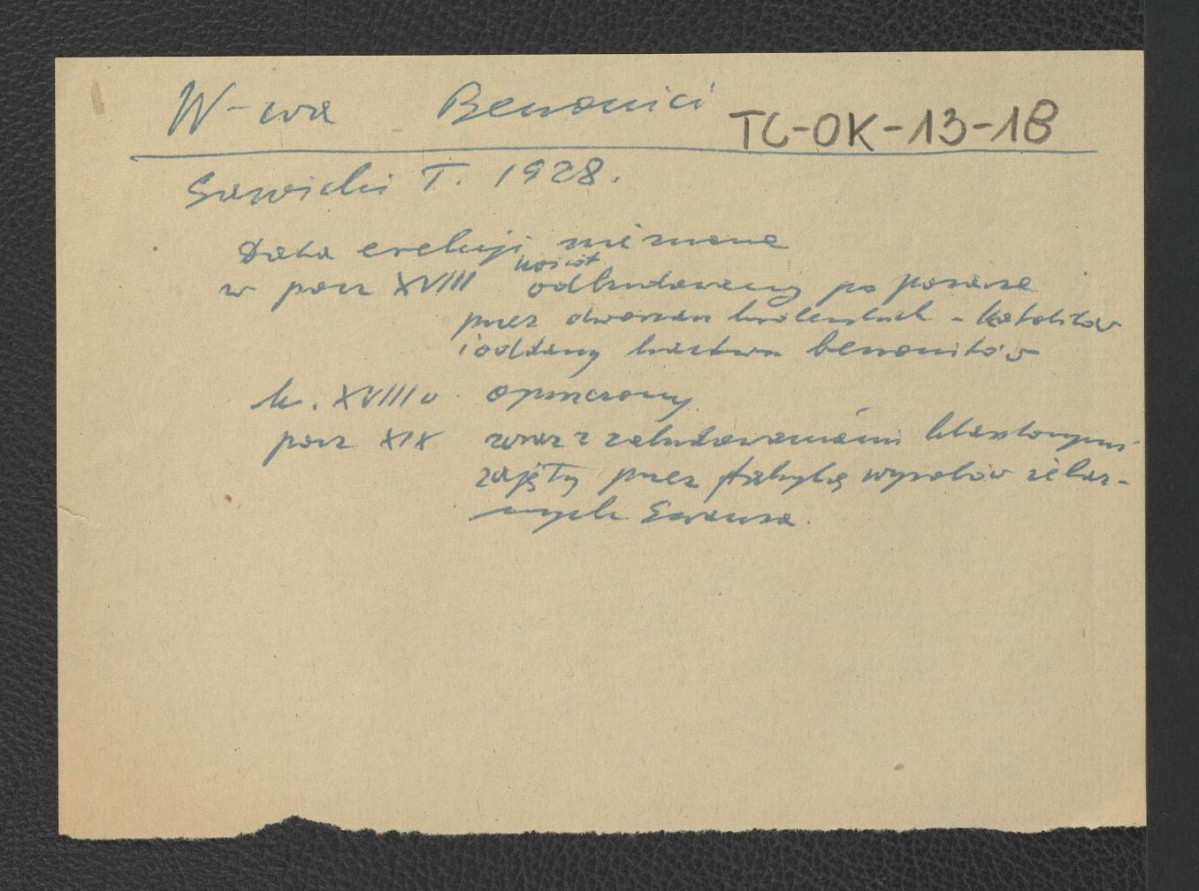 wypis z Sawicki T., 1928 zawierający wzmiankę o braku daty erekcji klasztoru, odbudowę w początkach XVIII wieku dzięki środkom królewskich dworzan oraz zajęcie w początkach XIX wieku miejscowych zabudowań klasztornych przez fabrykę wyrobów żelaznych    , skan 1