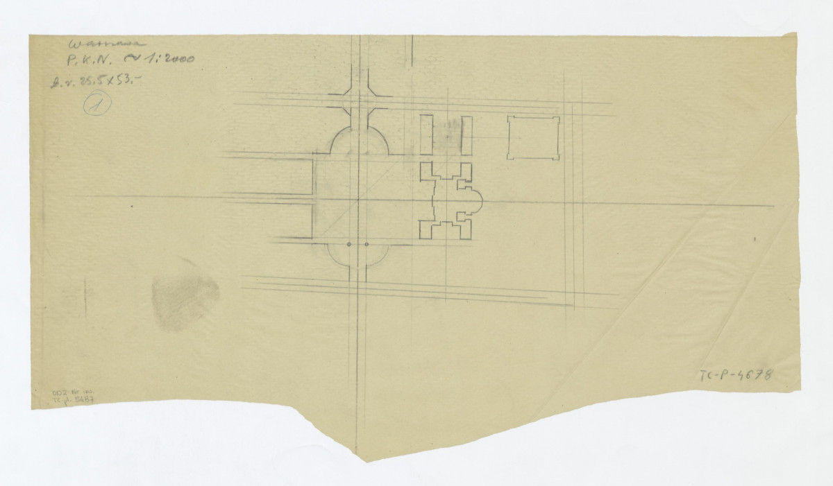 Pałac Kultury i Nauki - szkic rozwiązania placu i ul. Marszałkowskiej na osi Pałacu Kultury do projektu konkursowego, skan 1