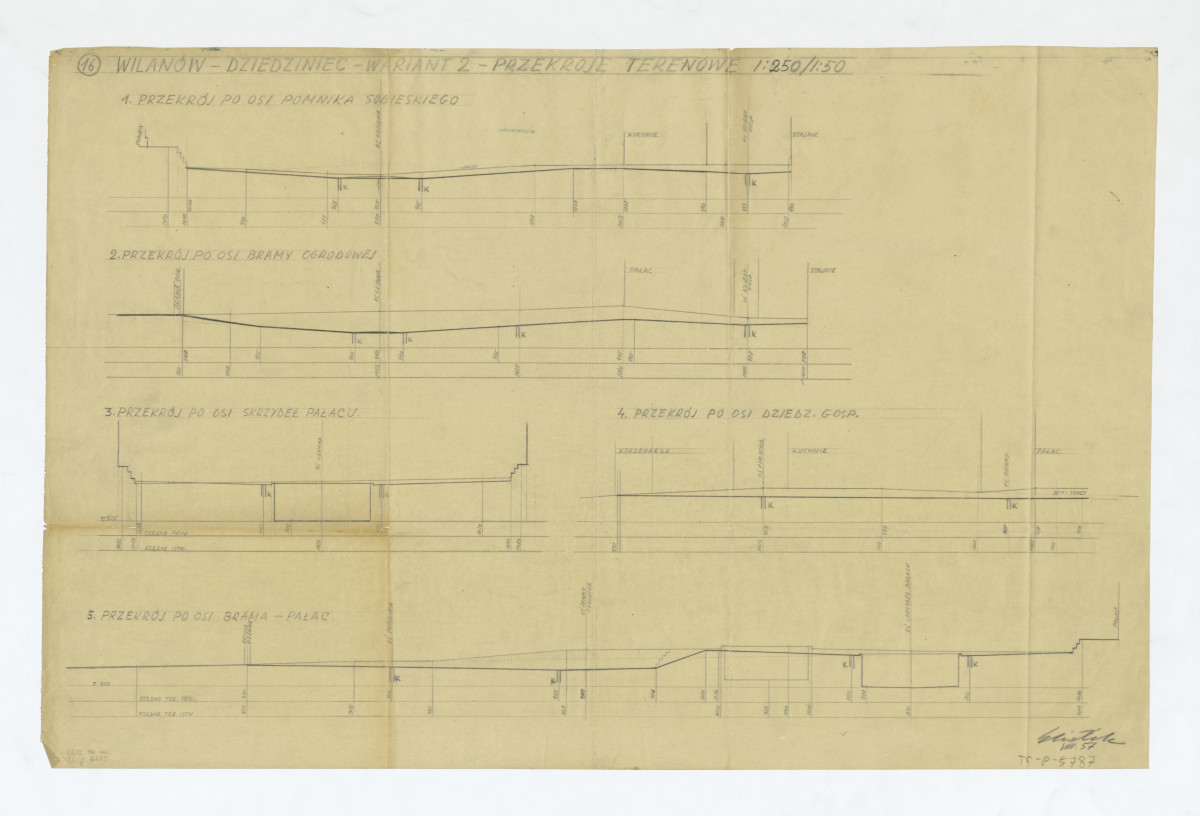 Wilanów-dziedziniec, wariant 2, przekroje. Pięć rysunków: 1. Przekrój po osi pomnika Sobieskiego; 2. Przekrój po osi bramy ogrodowej; 3. Przekrój po osi skrzydeł pałacu;  4. Przekrój po osi dziedzińca gospodarczego; 5. Przekrój po osi brama - pałac. Napisy objaśniające, skan 1