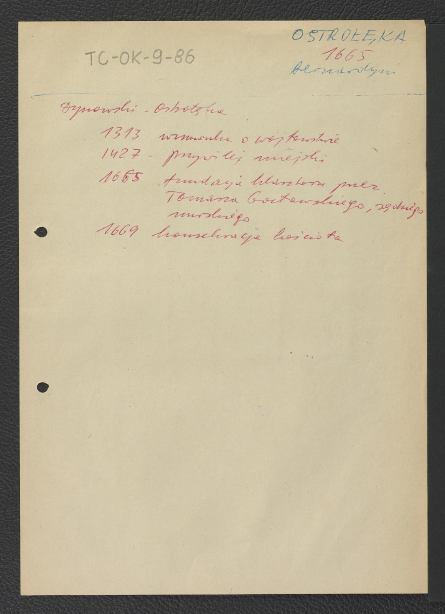 wypis z Dynowski, Ostrołęka zawierający ważniejsze daty w dziejach miejscowego zespołu klasztornego począwszy od roku 1313 do roku 1669 kiedy to kościół poddano pracom konserwatorskim , skan 1