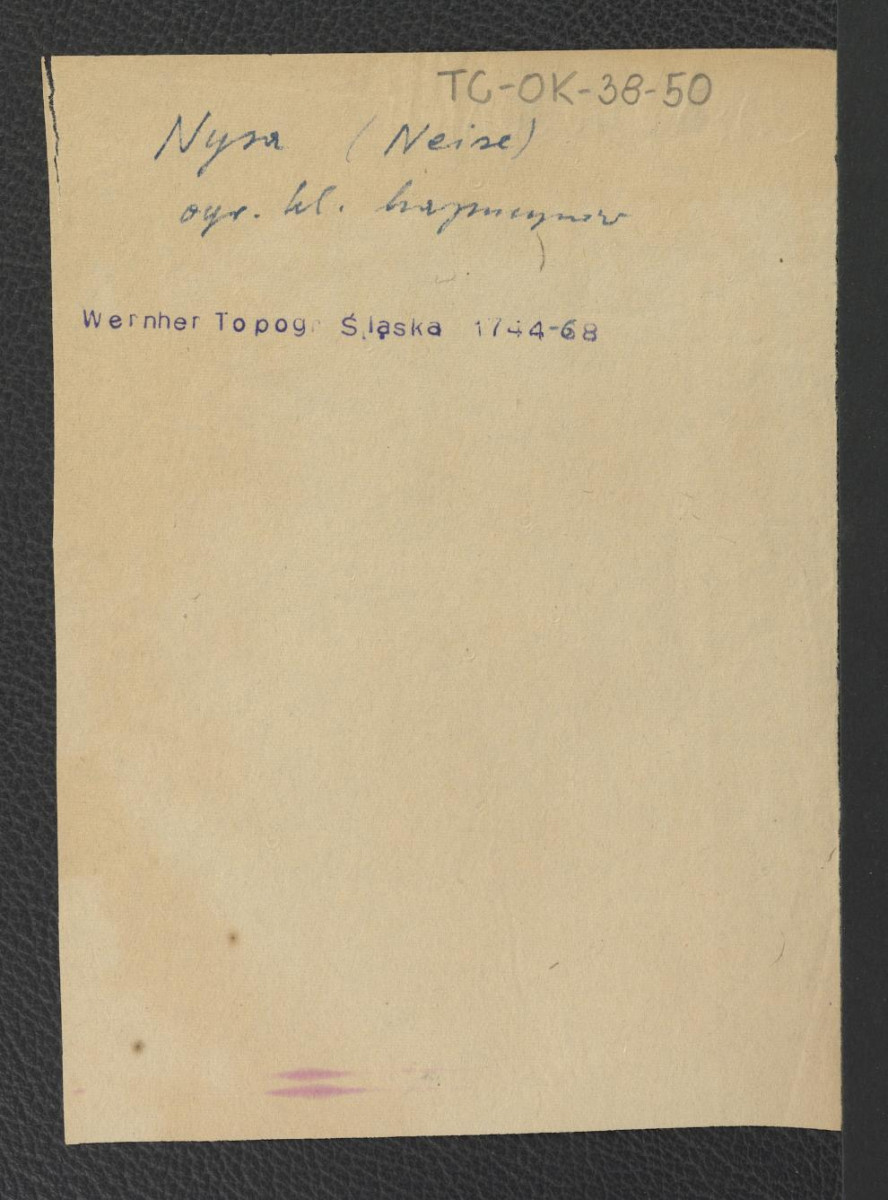 fiszka robocza do niezachowanej w obwolucie fotografii reprodukcji ryciny zamieszczonej w Wernher Friedrich Bernhard, Topografia Śląska, 1744-1768                                                                , skan 1