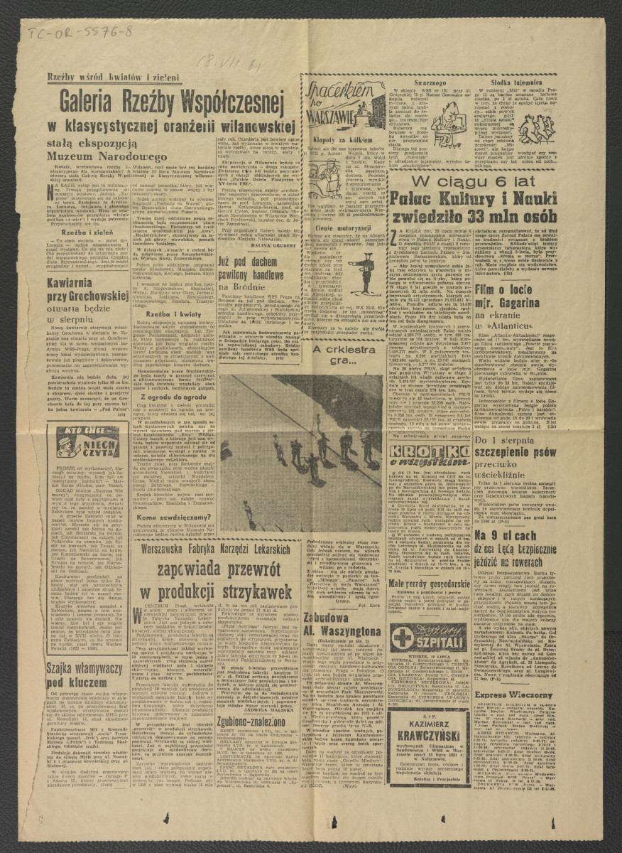 karta z „Expressu Wieczornego” z 18 lipca 1961 r. zawierająca artykuł pt. Rzeźby wśród kwiatów i zieleni. Galeria Rzeźby Współczesnej w klasycystycznej oranżerii wilanowskiej stałą ekspozycję Muzeum Narodowego , skan 1