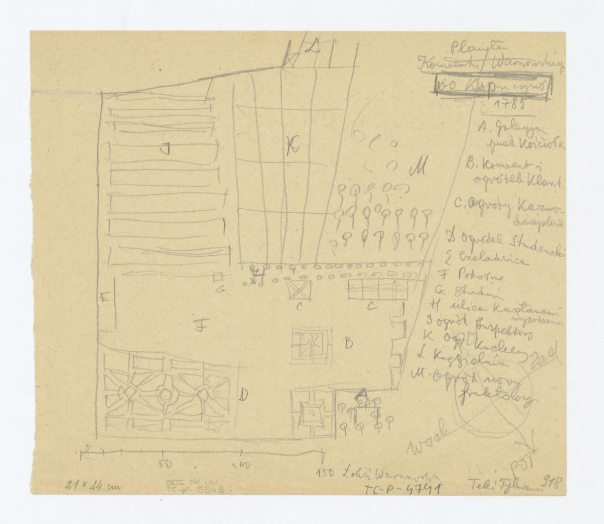 Planta Konwentu o.o. Kapucynów z 1785  - plan sytuacyjny. Teki Tylmana, skan 1