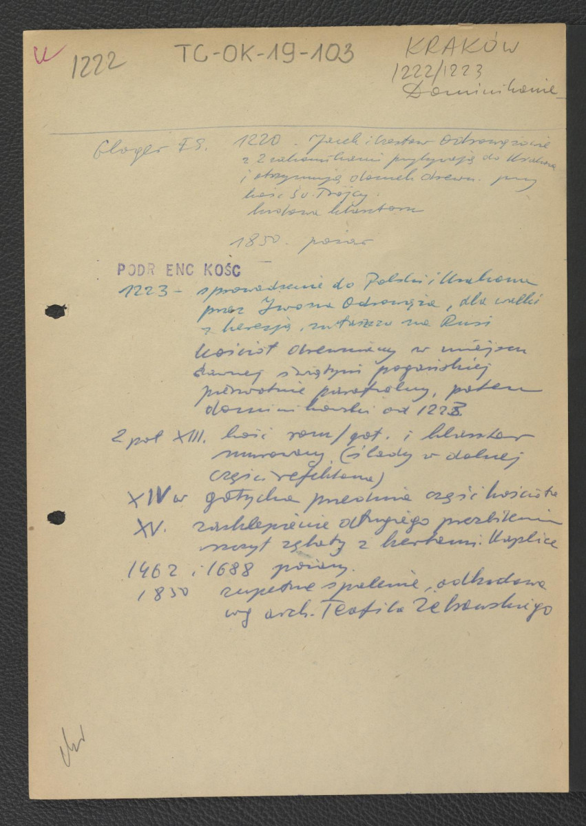 wypis z Gloger Zygmunt, Encyklopedia Staropolska, Warszawa 1902 wzmiankująca zaistnienie zaczątków klasztoru ok. 1220 r. z inicjatywy Jacka i Czesława Odrowązów; Podręczna Encyklopedia Kościelna, red. ks. Zygmunt Chełmicki, t. I-XLIV, Warszawa, 1904-1916 zawierający chronologię miejscowego opactwa począwszy od 1223 r. kiedy to zaistniały zaczątki klasztoru , skan 1