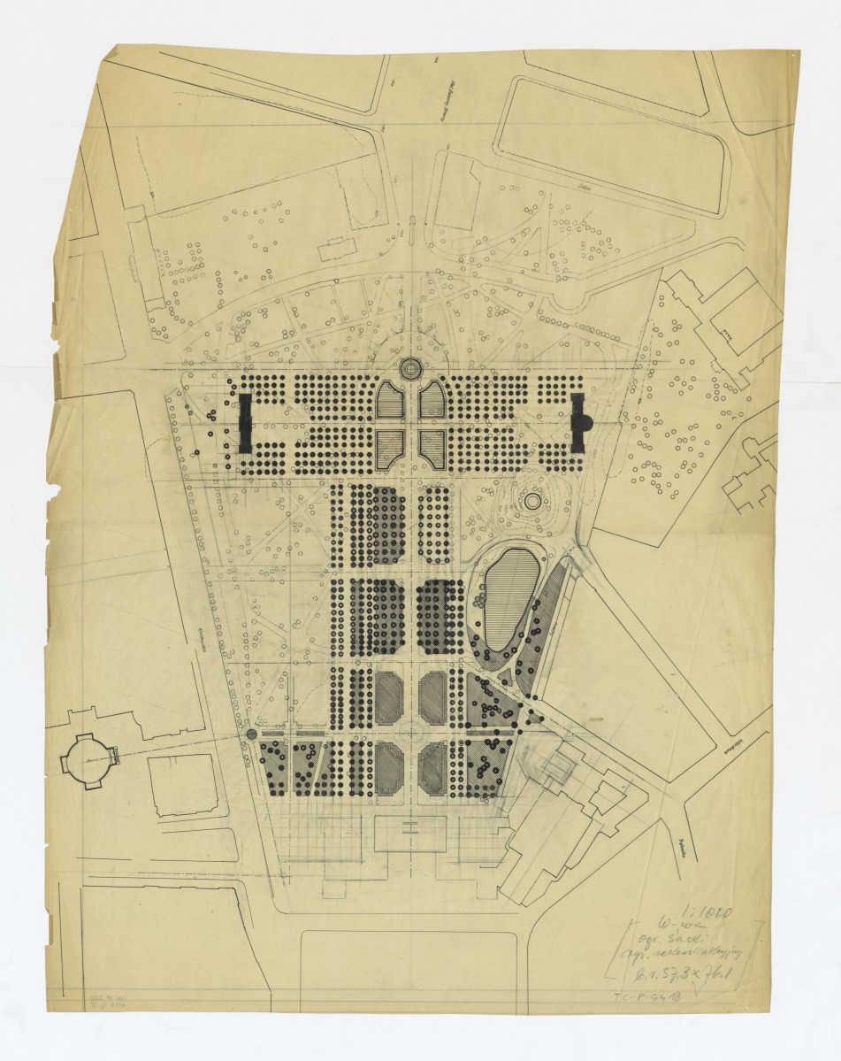 Ogród Saski-rysunek roboczy adaptacji i rekonstrukcji ogrodu. Próba koncepcji, skan 1