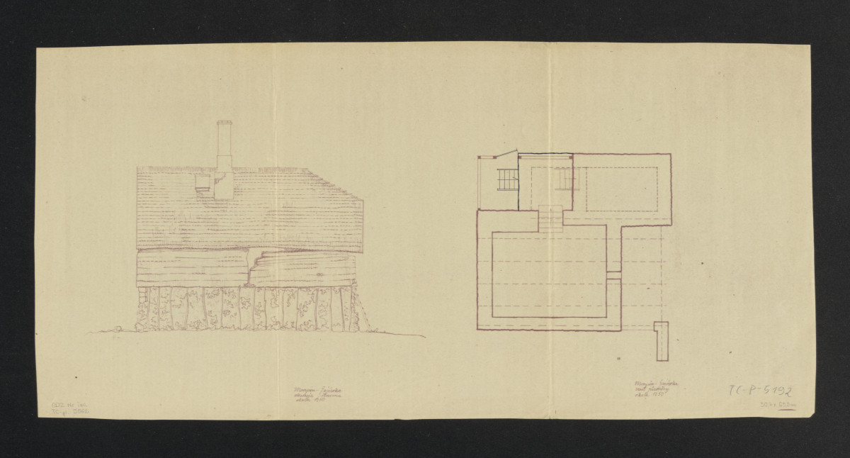 Morysin-rzut piwnicy, elewacja północna. Napisy objaśniające, skan 1