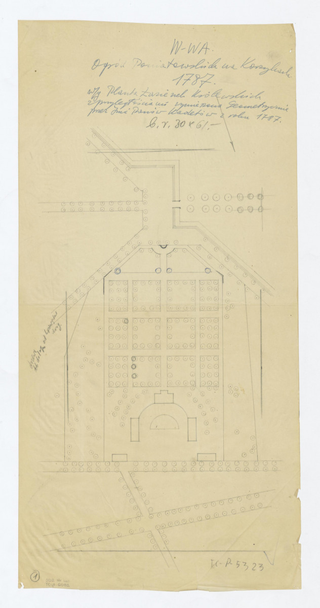 Ogród i Pałac Poniatowskich-opracowanie odrysu planu ogrodu według "Planta Łazienek Królewskich z przyległościami wymierzona Geometrycznie przez Imć Panów Kadetów w roku 1787., skan 1