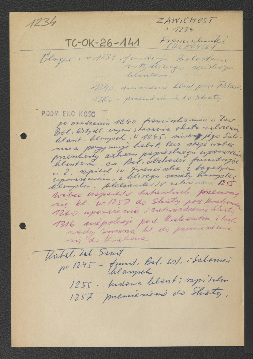 wypis z Gloger Zygmunt, Encyklopedia Staropolska, Warszawa 1902 zawierający ważniejsze daty w dziejach miejscowego klasztoru począwszy od 1234 r. kiedy to Bolesław Wstydliwy dokonał aktu fundacji miejscowego klasztoru; Podręczna Encyklopedia Kościelna, red. ks. Zygmunt Chełmicki, t. I-XLIV, Warszawa, 1904-1916 dot. krótkich dziejów miejscowego zgromadzenia przeniesionego ze względów bezpieczeństwa do Skały; Katalog Zabytków Sztuki-Sandomierz, skan 1