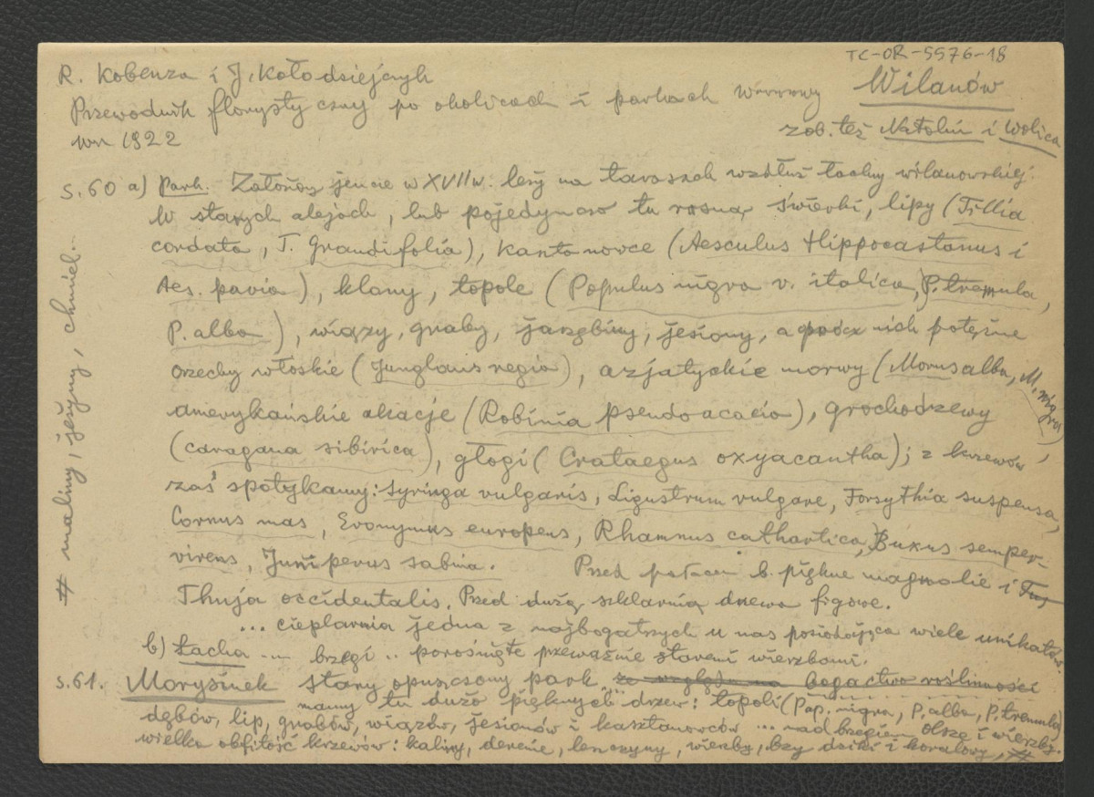 wypis z Kobenza R., Kołodziejczyk J., Przewodnik florystyczny po okolicach i parkach Warszawy, Warszawa 1922, s. 60-61 dotyczący parku założonego w XVII w. oraz tamtejszej roślinności , skan 1
